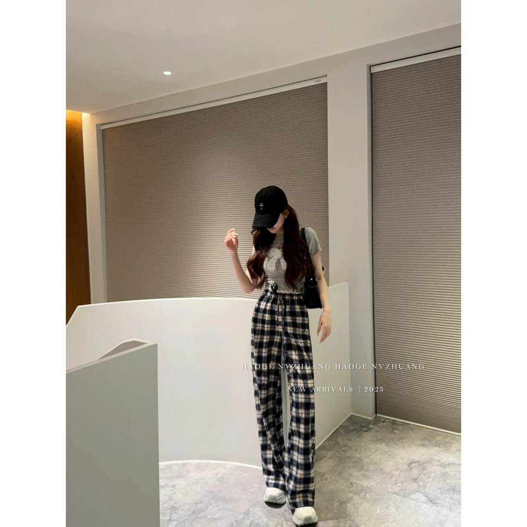 浩哥严选●时髦法则C5XXK1143A休闲裤预显瘦高腰直筒时尚格子裤