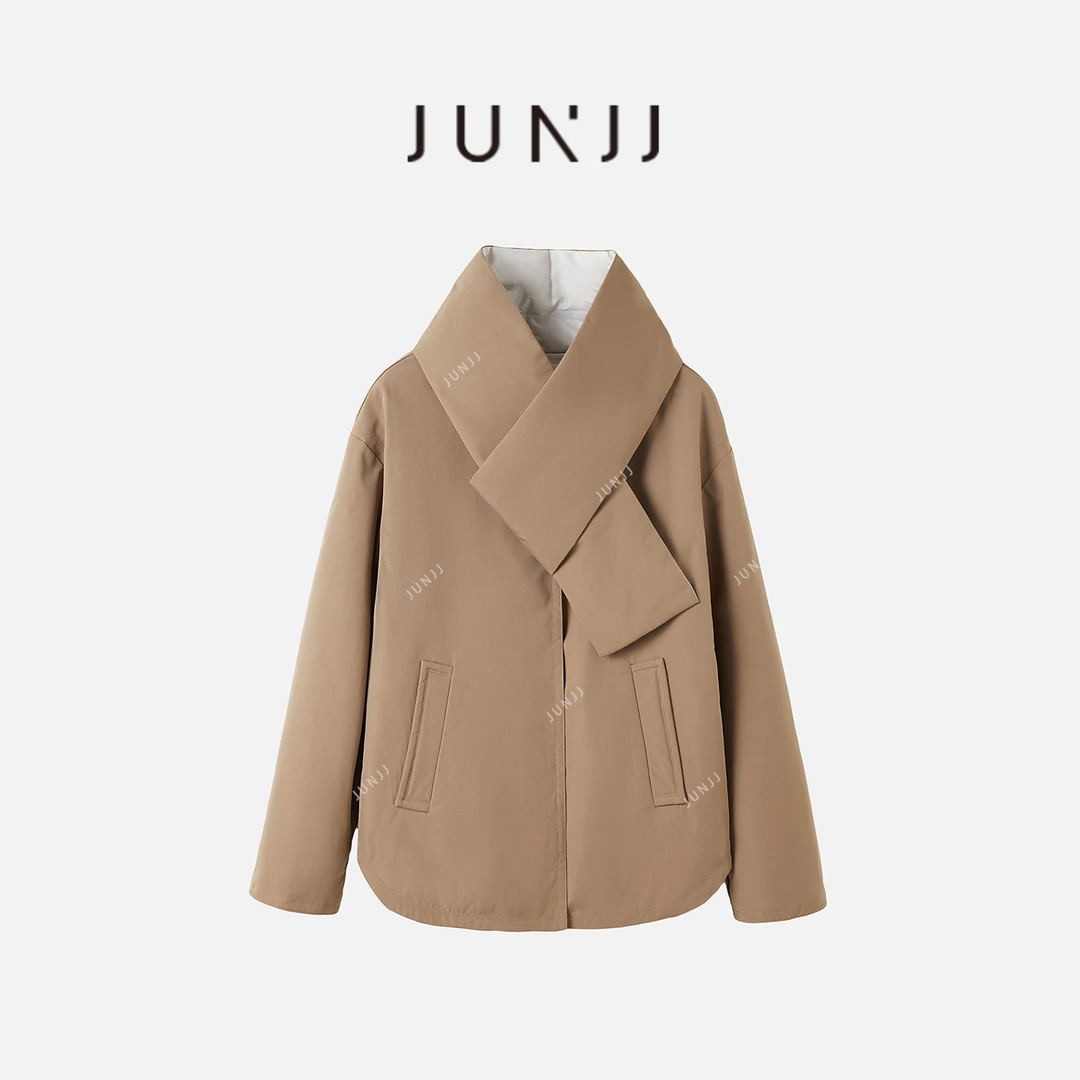 杰瑞【冬日暖炉】新款鹅绒服简约设计感围巾领羽绒服2025冬季两面穿