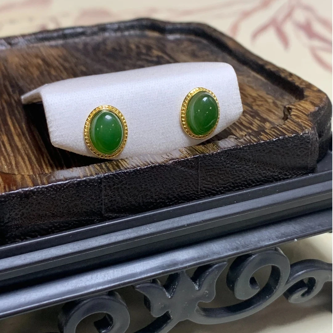 【和田玉碧玉蛋面银镶苹果绿耳钉】松柏珠宝 多样性发货一对