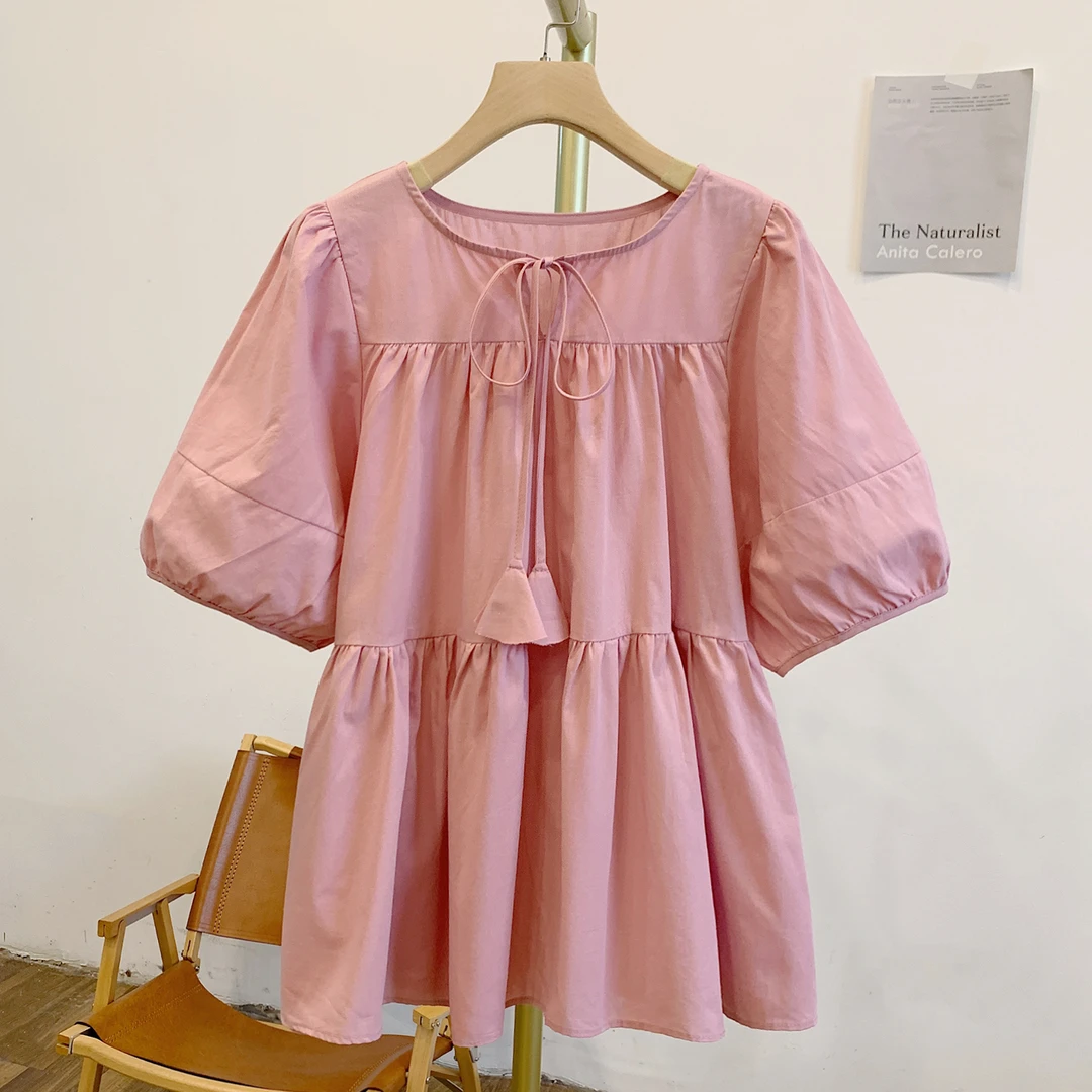 C4405纯色系带圆领短袖衬衫