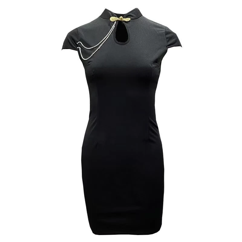 2065#短袖旗袍镂空性感链条设计感