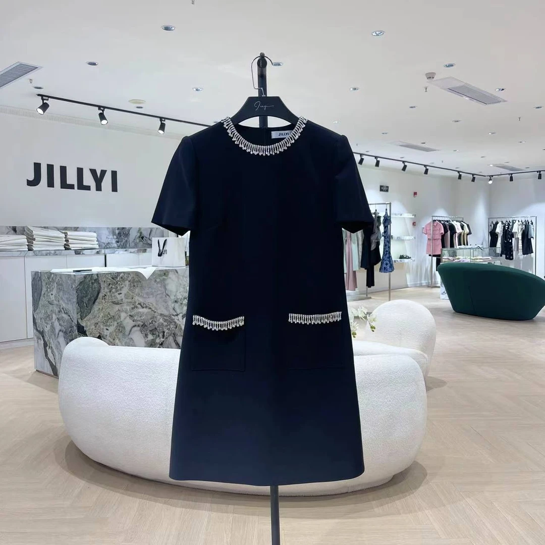 JILLYI南山店【跳动音符】全钻流苏轻奢气质时尚夏季黑色圆领百搭连