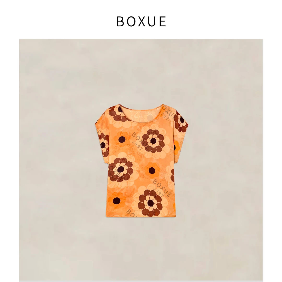 BOXUE”溪雾花”2025夏季新款高级感太阳花轻奢 T恤#250507T2234