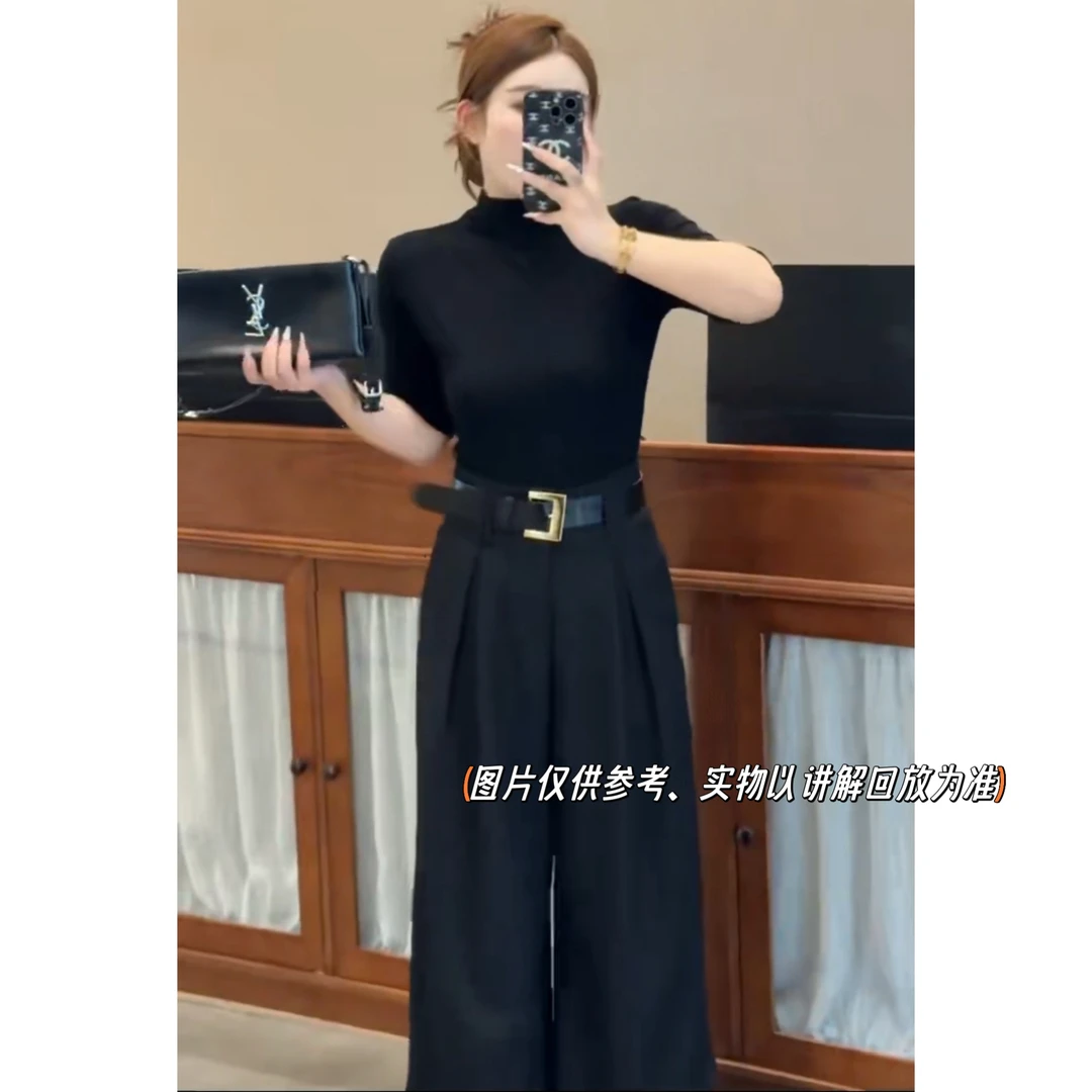 大码女装休闲裤时尚阔腿裤+显瘦小衫套装休闲黑色高腰两件套