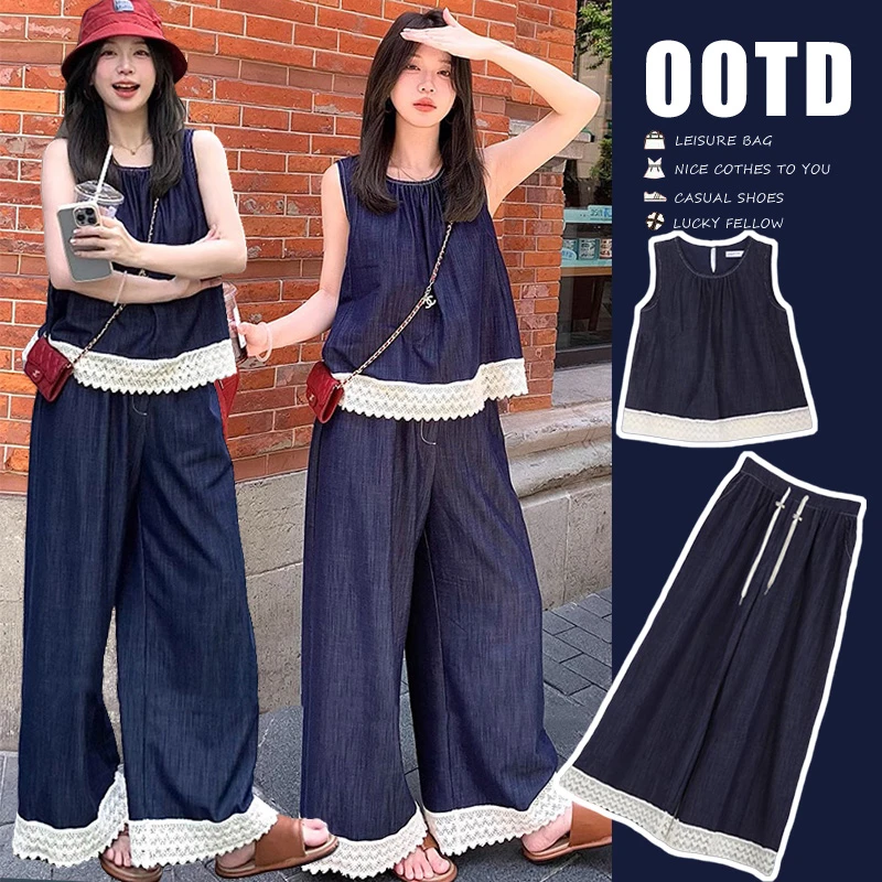 极简风时尚孕妇装法式复古辣妹风潮流夏季洋气仿牛仔蕾丝拼接套装