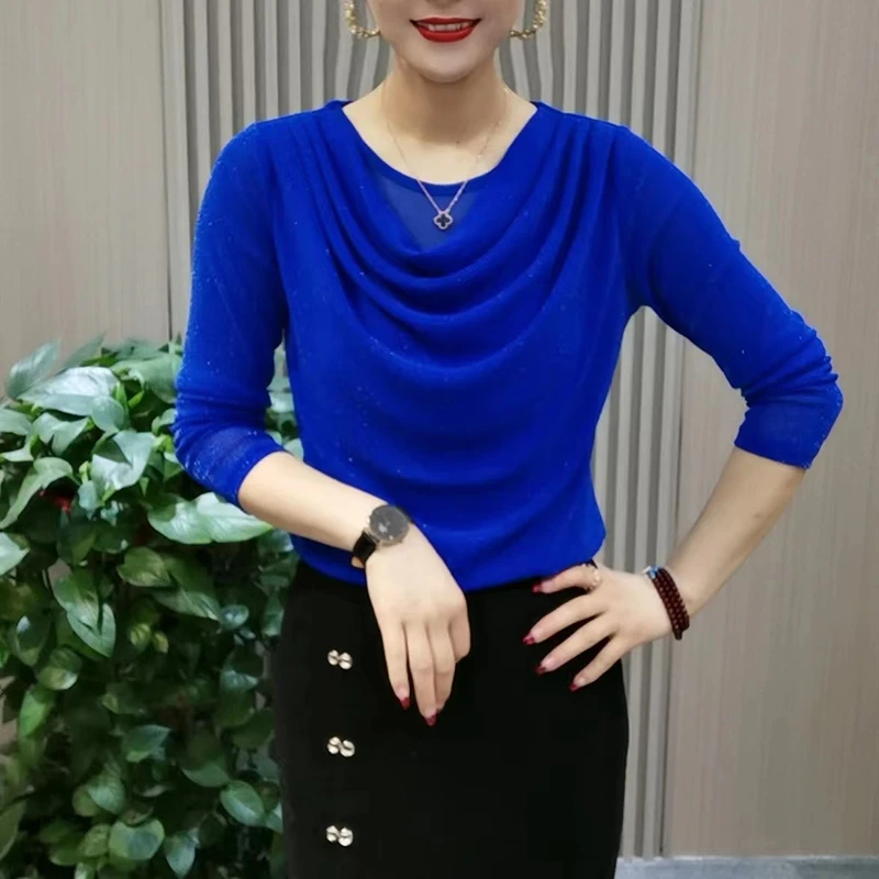 新款百搭纯色上衣早秋长袖堆堆领打底衫中年洋气妈妈装宽松长袖潮