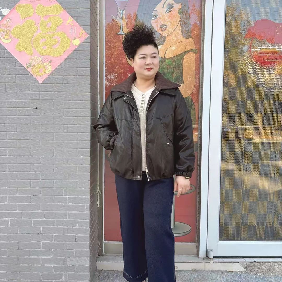 肥大码时尚加绒PU冬款外套短款25102