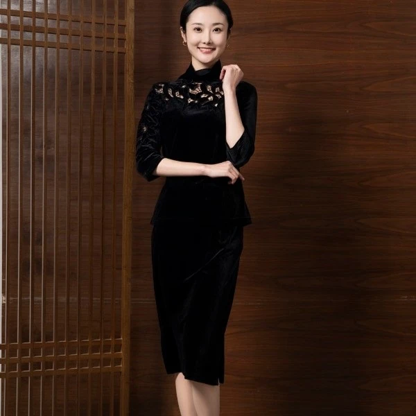 半裙 常规黑色气质 中式适中优雅纯色