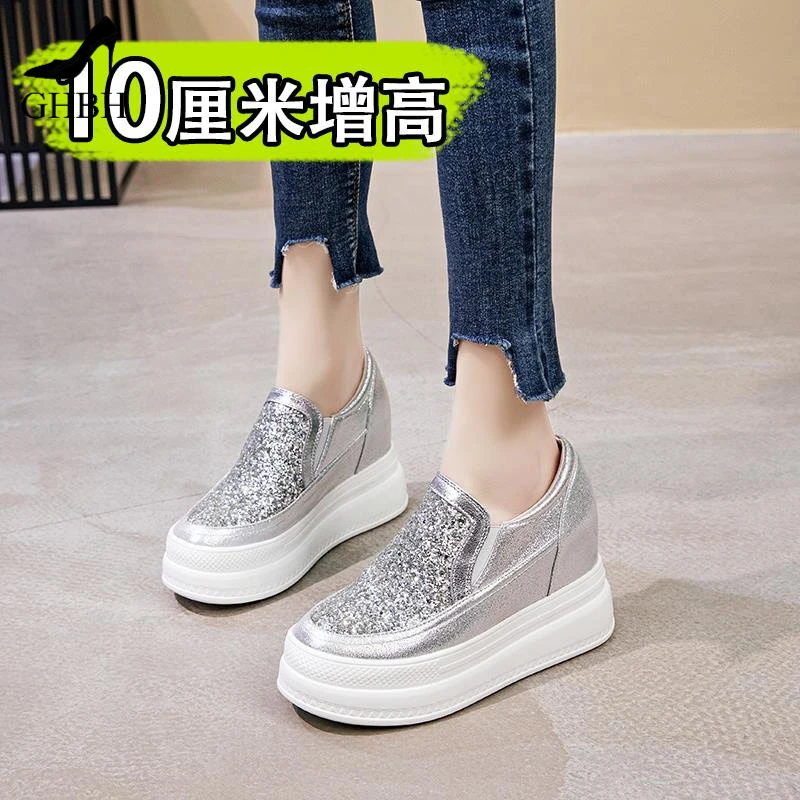 一脚蹬乐福鞋女2025春新款内增高松糕鞋厚底亮片坡跟小码单鞋10cm