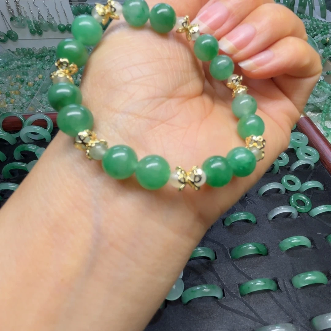 石英质玉（非洲翠）未镶嵌戒指  珠子  手镯卡8冰绿珠子手串