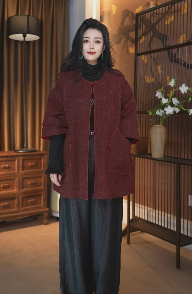 春季新款桑蚕丝红色油丝香云纱上衣外套女士开衫民族风女外套951