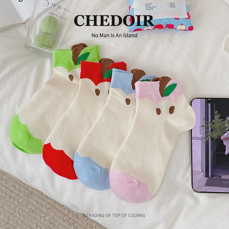 chedoir卡通苹果袜子女中筒袜夏季薄款ins韩版趣味可爱少女短筒袜
