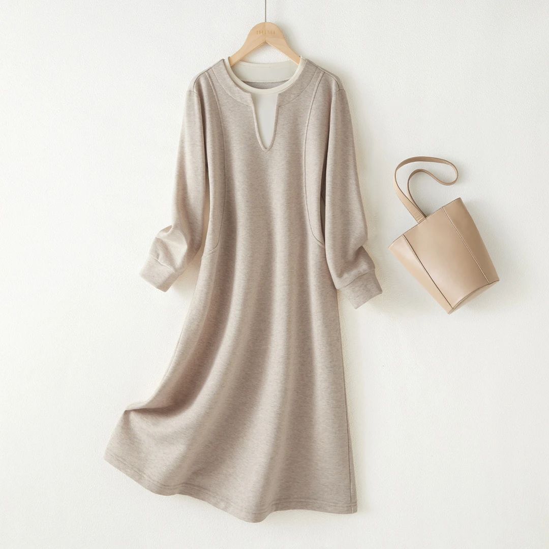 IHIMI/海谧棉感宽松卫衣裙2025春季新款圆领拼接直筒长袖连衣裙女