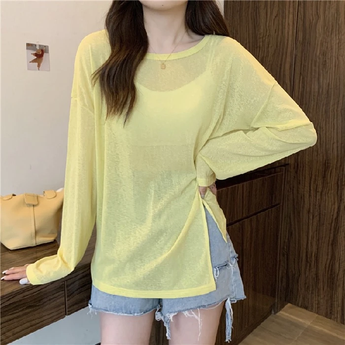 薄款微透开叉长袖女T2025新款纯色上衣宽松空调罩衫夏季中长打底