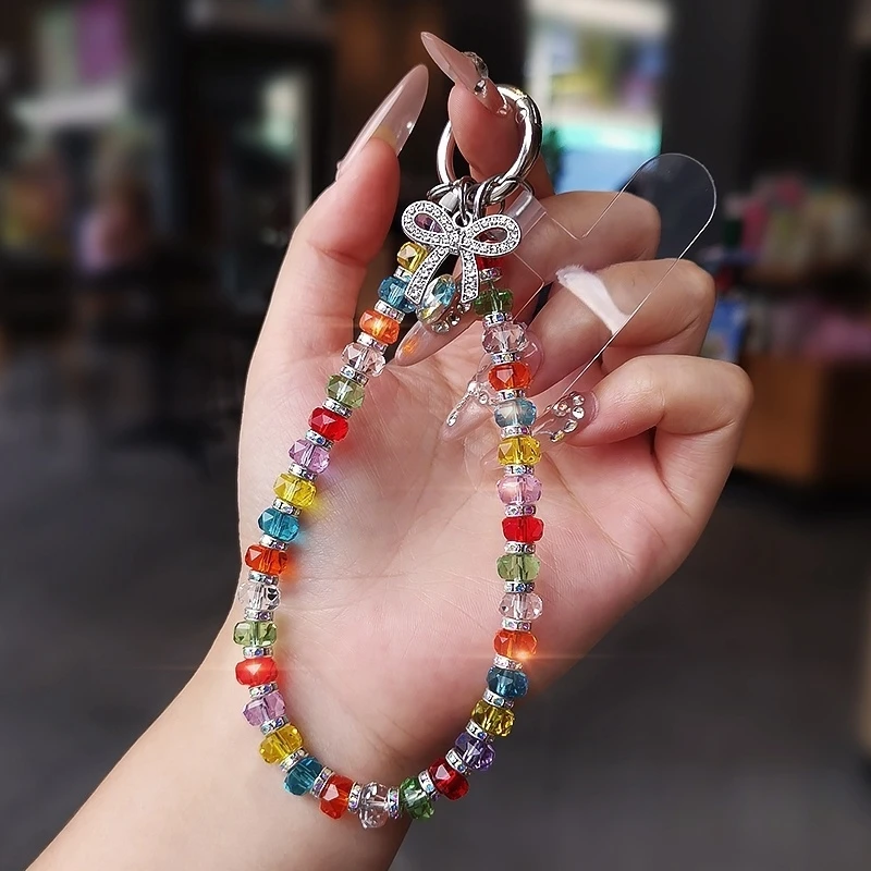 夏季款时尚彩色水晶串珠手机链蝴蝶结吊坠短款手提链挂饰手机挂绳