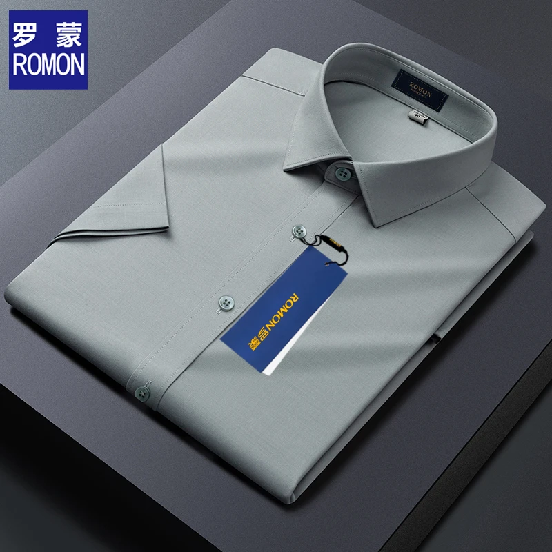 罗蒙2025夏季新款高品质莫代尔男士短袖衬衫轻奢薄款透气纯色衬衣