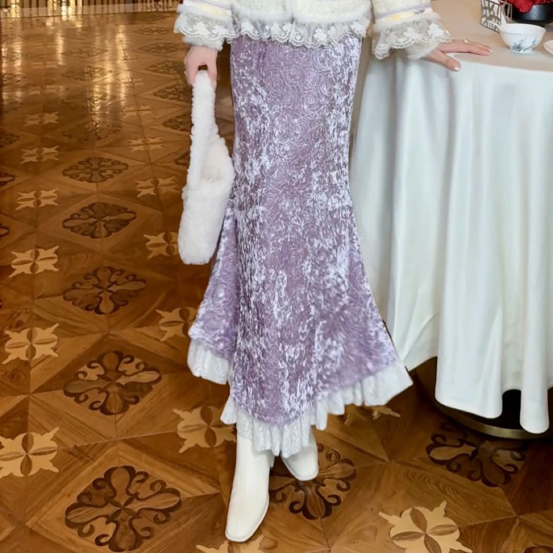 【媛珠 紫云生莲半裙】贵气国风丝绒玫瑰高腰半身裙时尚套装