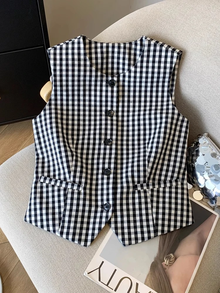 女格子秋季朋克风工字型纽扣马夹时尚格纹上衣洋气收腰蝴蝶结马甲