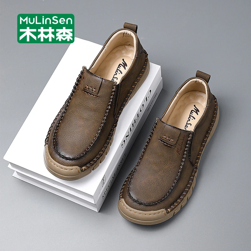 木林森男士皮鞋2025新款春季男鞋豆豆鞋懒人一脚蹬软底爸爸休闲鞋