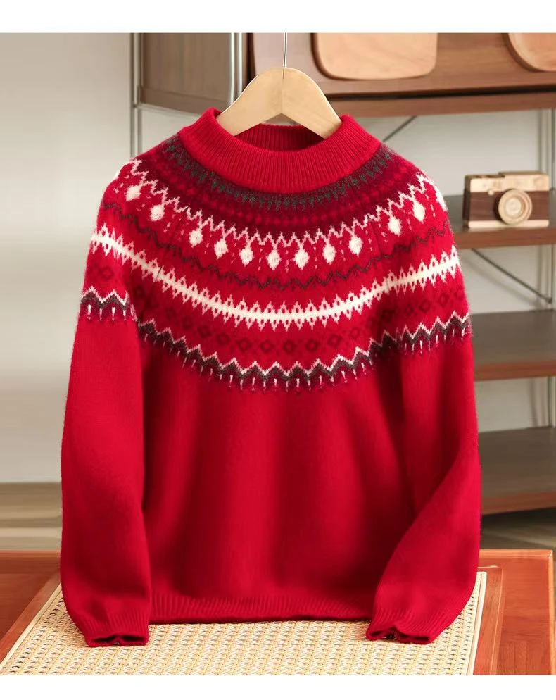 儿童费尔岛红色新年款针织衫打底衫简约风毛衣加厚圆领女