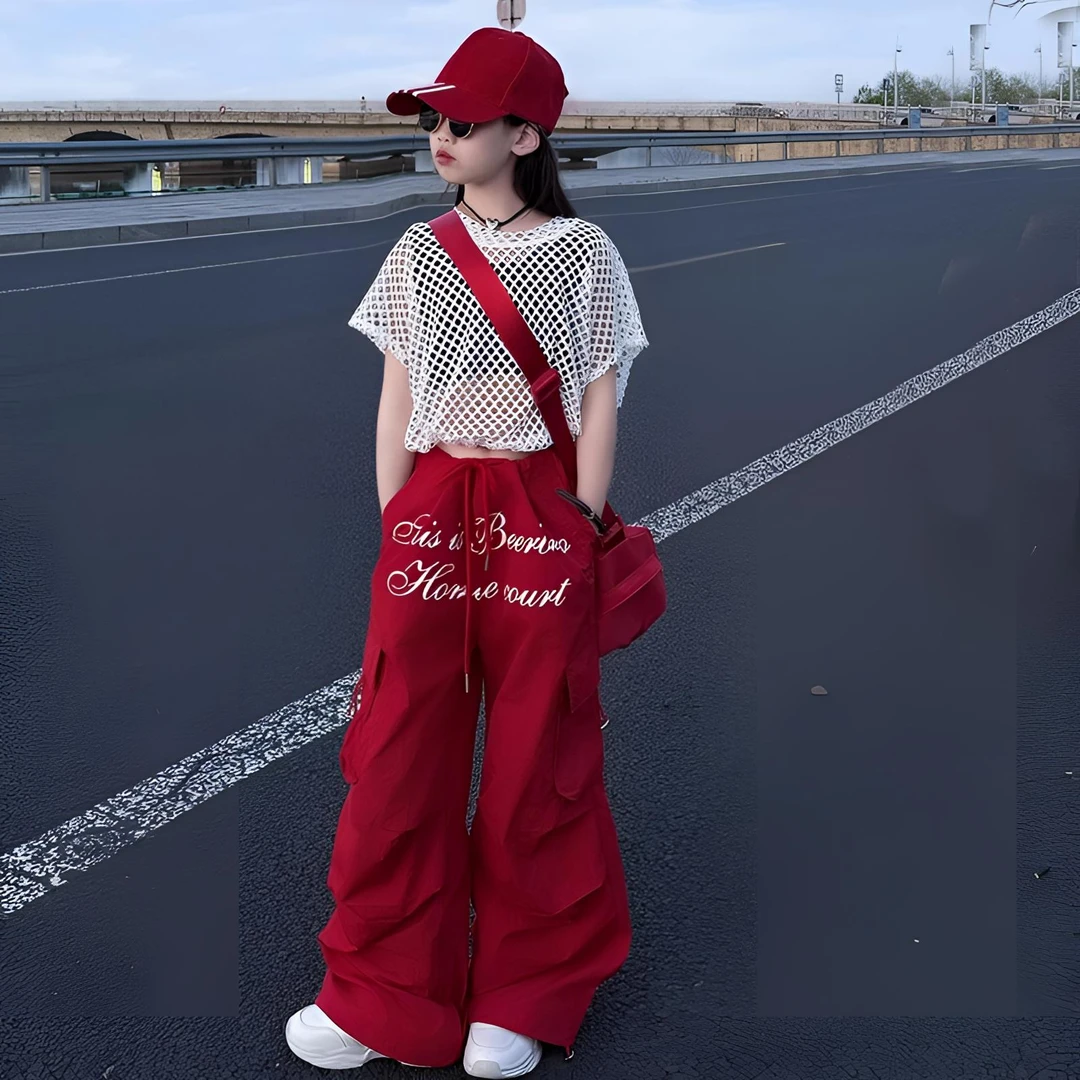 美式复古工装裤女童夏儿童爵士服少儿上衣束脚裤中大童套装街舞服