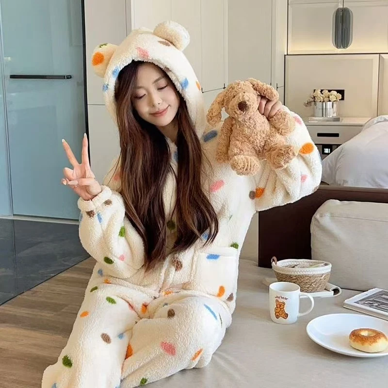 【彩色波点】2025冬季珊瑚绒连帽款睡衣套装家居服睡袍保暖7799