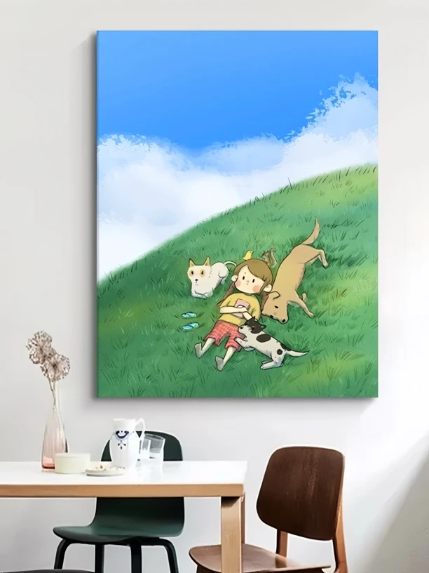 宫崎骏风景玄关挂画治愈系蓝天白云客厅油画抽象卡通装饰壁画