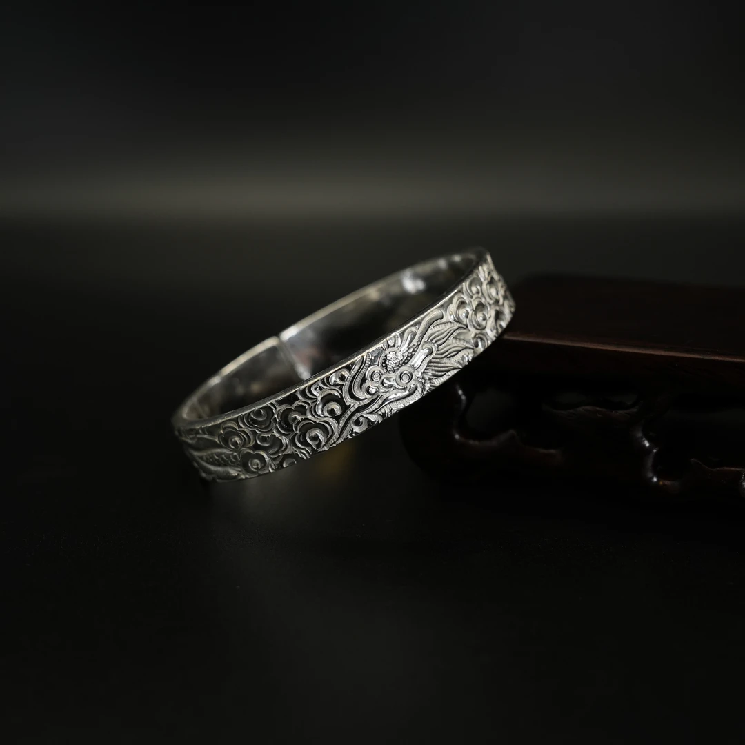 足银手镯 足银999手工龙纹手镯立体浮雕宽面手镯