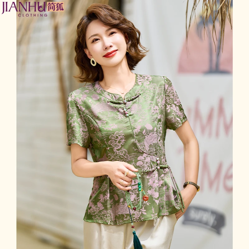中年妈妈装春夏国风小衫T恤衬衫2025新款洋气中老年女装时尚上衣