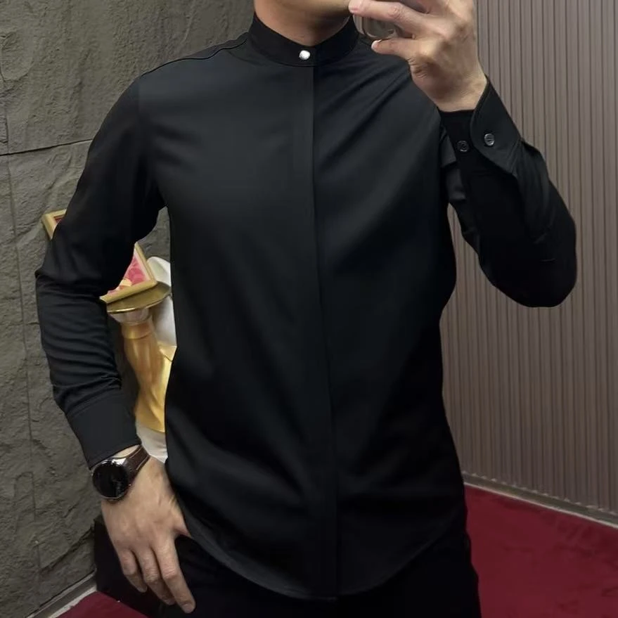 2025-25377 男士冬季衬衫新中式商务轻奢纯色修身长袖加绒衬衣