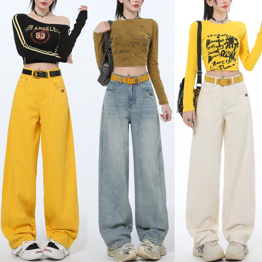 镰刀剪裁新款时尚牛仔裤女高腰宽松百搭直筒阔腿裤休闲裤
