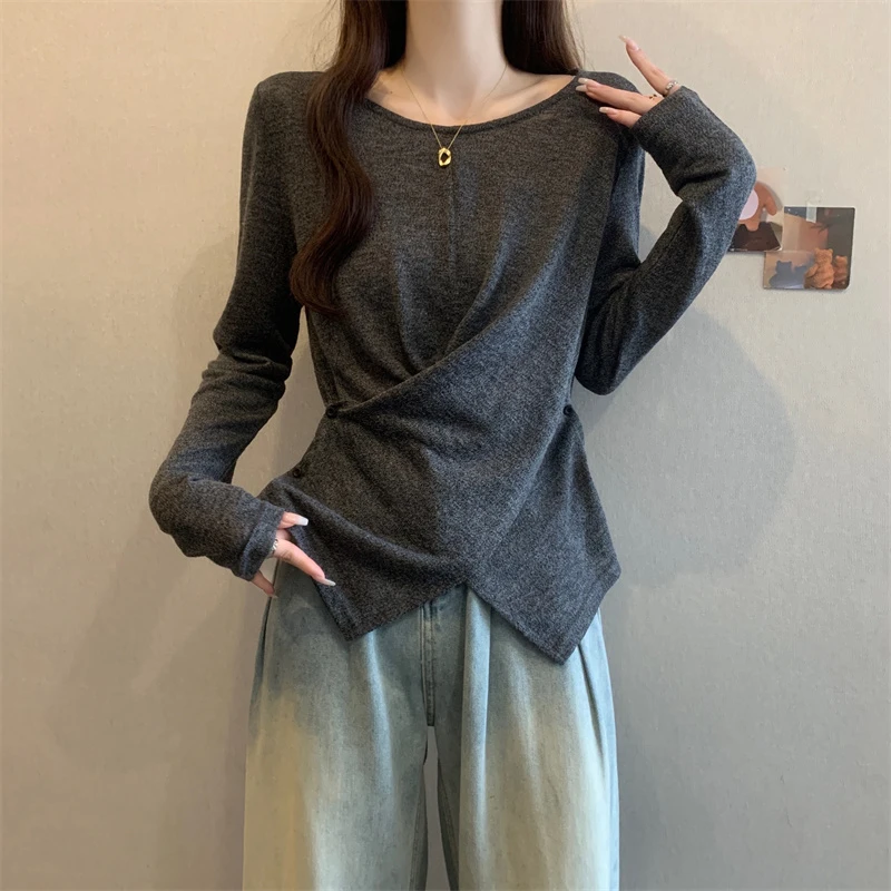 大码薄款竹节棉交叉长袖T恤打底衫女秋季胖MM修身显瘦不规则上衣