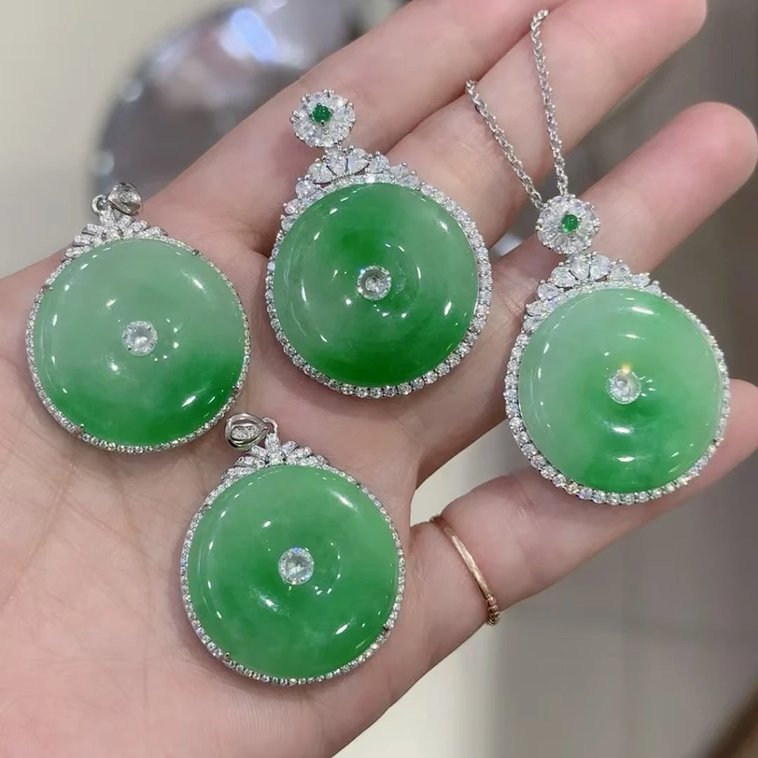 坠链均925银 镶嵌镀白金框绿色平安扣如意叶子吊坠锁骨链礼物银坠