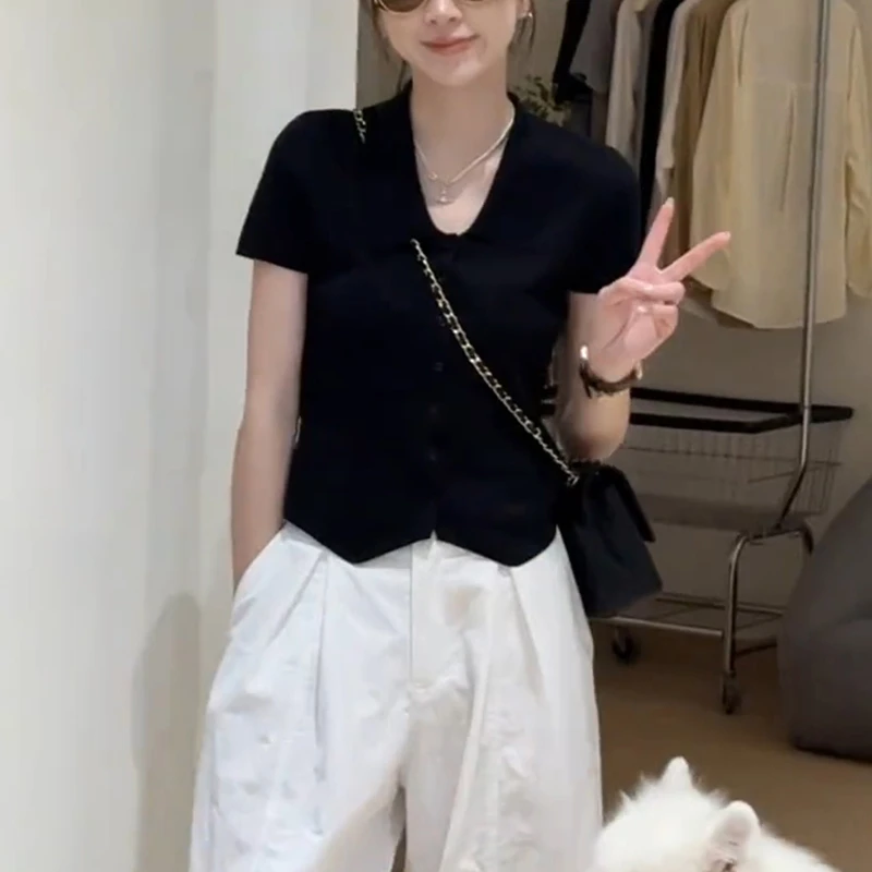 韩系polo领针织短袖T恤女新款夏季小个子修身显瘦短款上衣潮