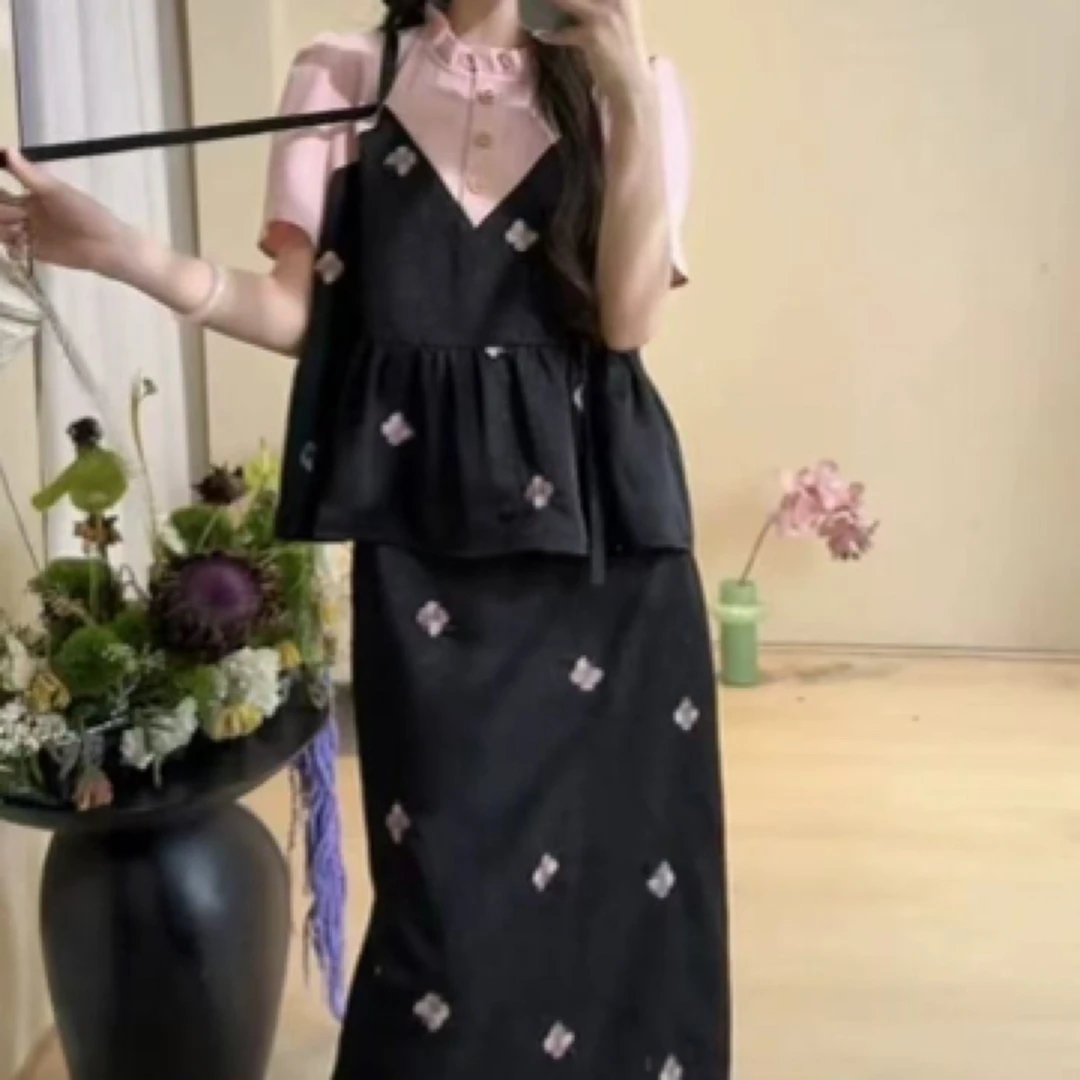 时尚气质夏季小众设计感显瘦收腰名媛气质黑粉套装轻奢时尚