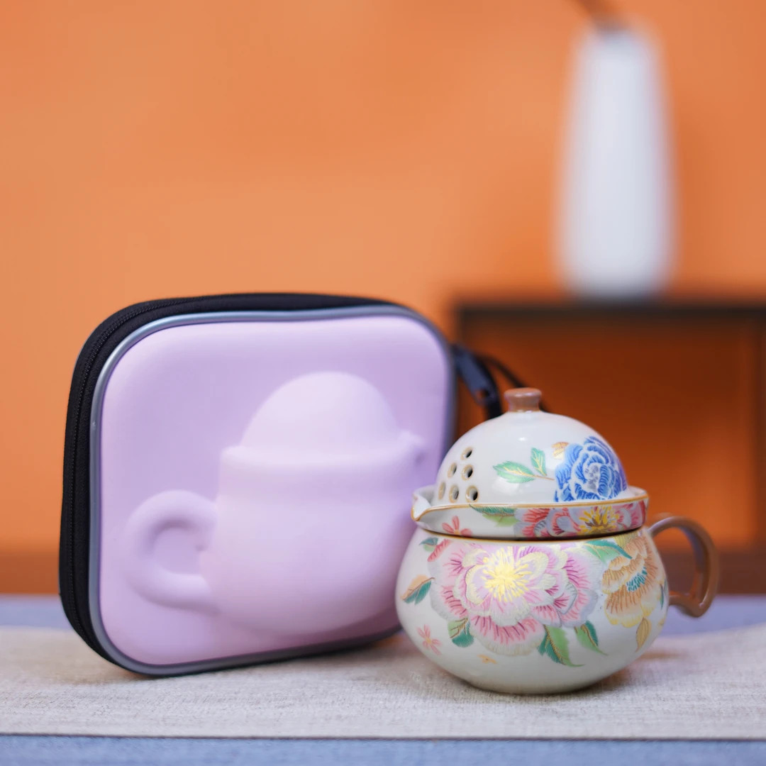 旅行茶具米黄汝窑掐金丝国色天香百花牡丹单人泡便携户外旅游023