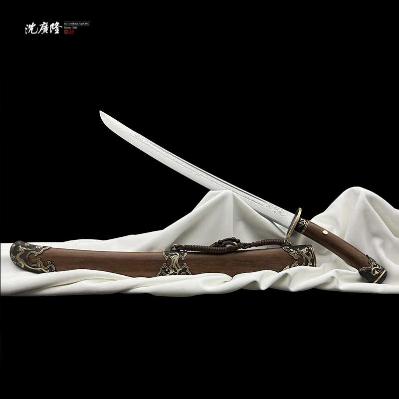 龙泉沈广隆-飞龙雁翎刀弯柄 纯铜 重蚁木 花纹钢 宝剑 未开刃