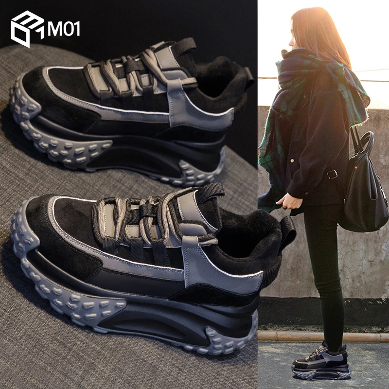 M01厚底松糕老爹鞋女新款秋冬季2025加绒小个子增高休闲运动棉鞋