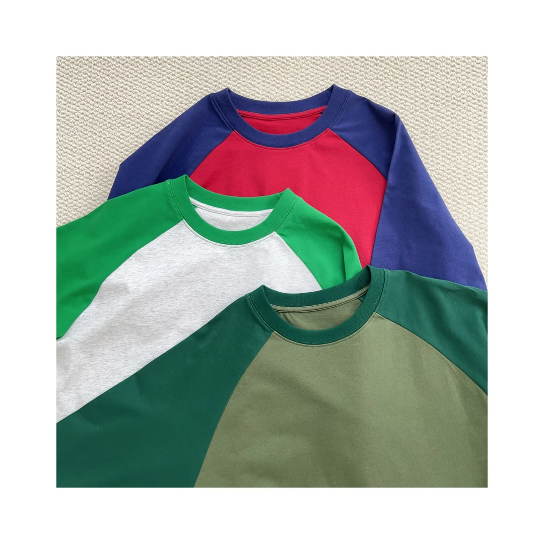 超美配色 重磅纯棉拼色插肩袖长袖T恤 40227