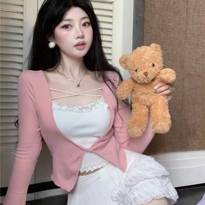 大码女装纯欲风蕾丝拼接假两件长袖胖mm显瘦设计感打底衫