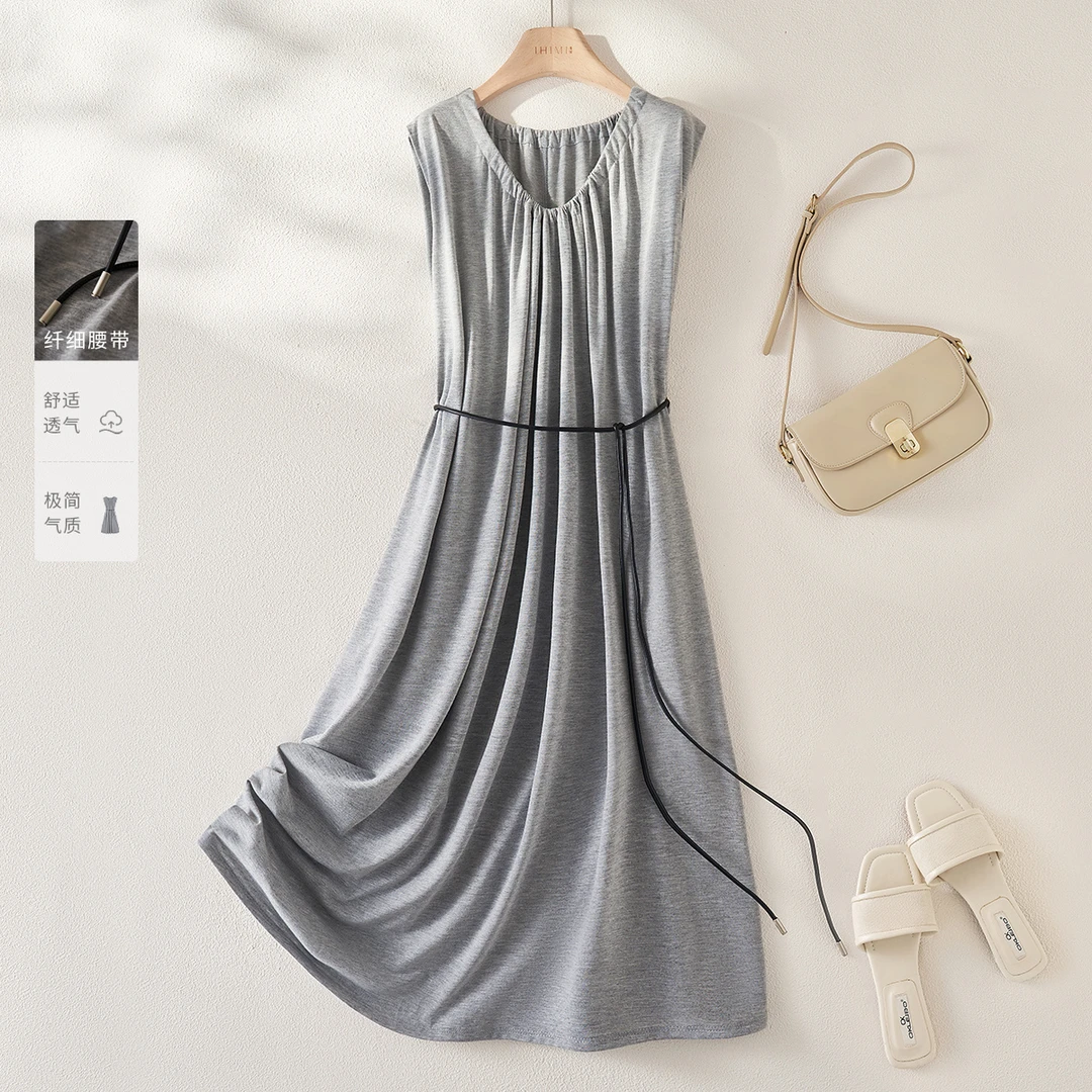 IHIMI/海谧无袖百搭灰色针织裙2025夏季新款捏褶显瘦连衣裙女4570