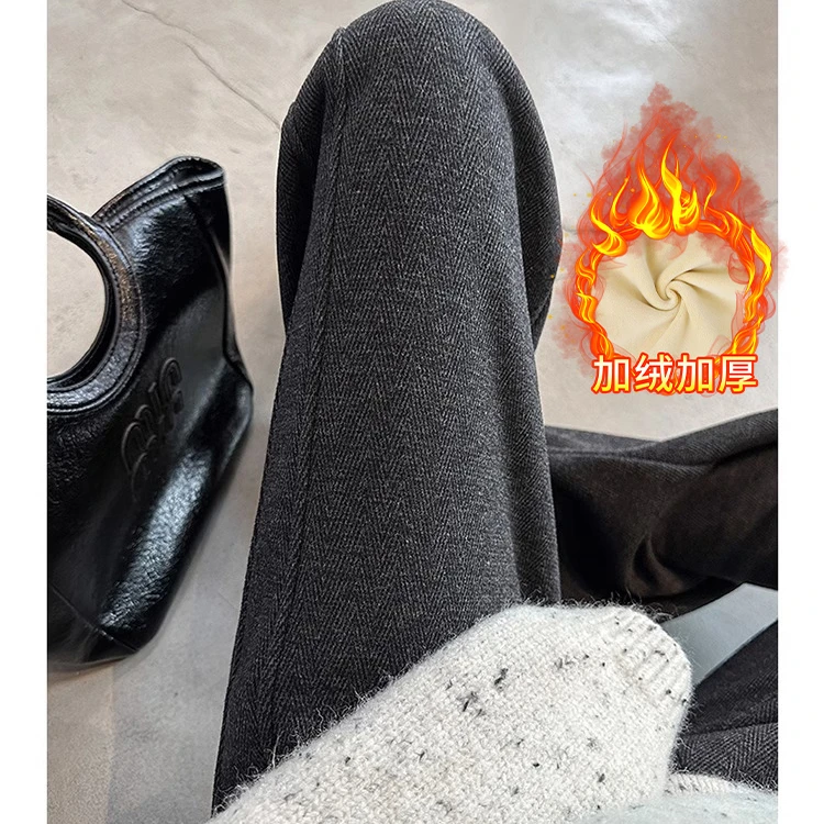 2024冬季新款加绒加厚时尚人字纹阔腿裤女高腰百搭显瘦开叉直筒裤