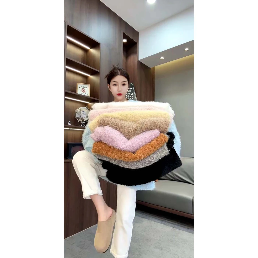 秋冬新款洋气休闲宽松V领长袖毛衣女百搭长袖中长款上衣