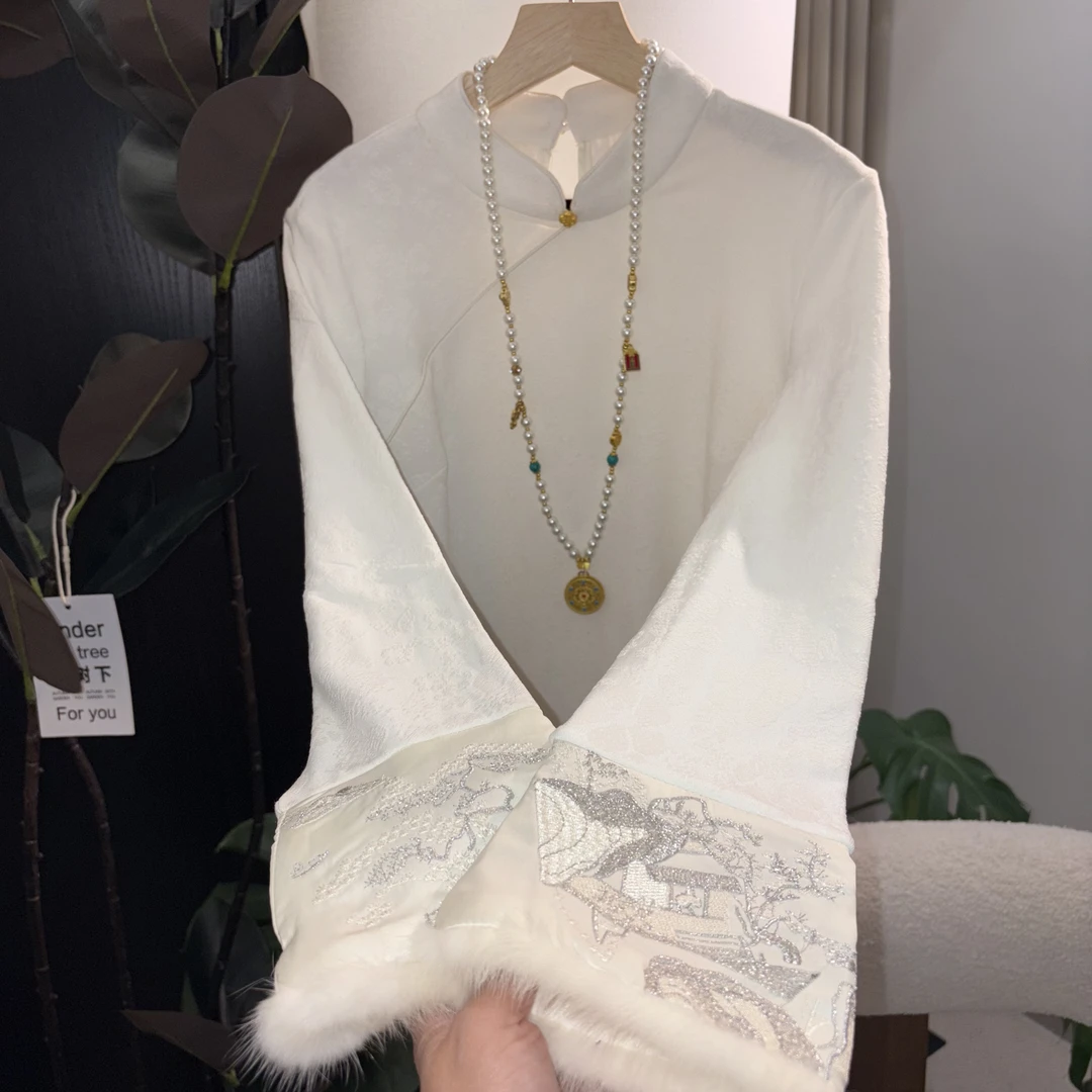 “春风解意”水貂毛拼接刺绣打底衫 加绒加厚新中式提花长袖上衣