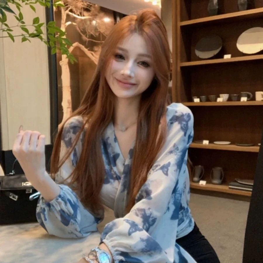 衬衫上衣碎花衬衣夏季小众宽松设计感气质长袖蓝色时尚复古法式