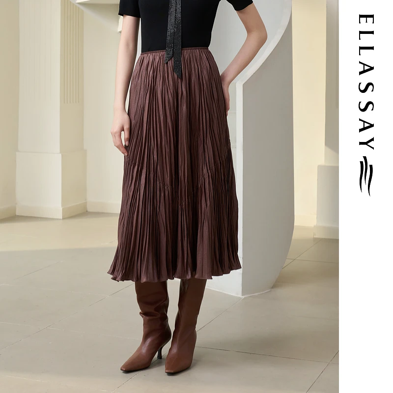 ELLASSAY歌力思2025夏季新款肌理感褶皱高腰半身裙女EWD363Q01200