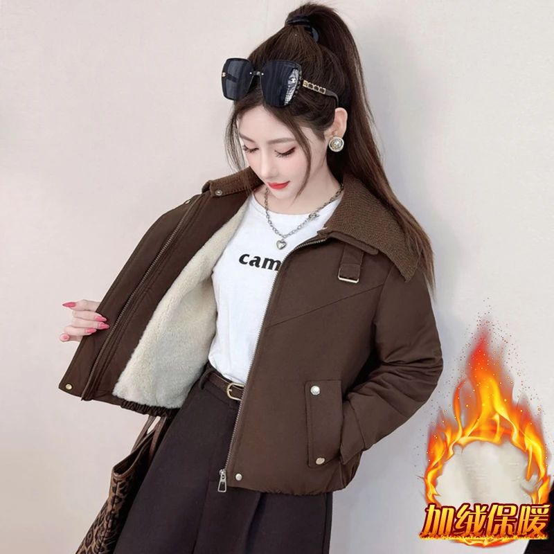 加绒复古时髦大翻领夹克短外套女2025年冬季新款休闲洋气保暖棉衣