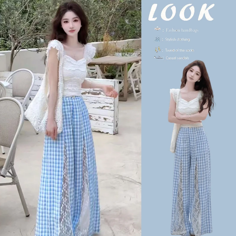 夏季小清新穿搭女2025新款洋气小飞袖背心蕾丝拼接休闲裤两件套装