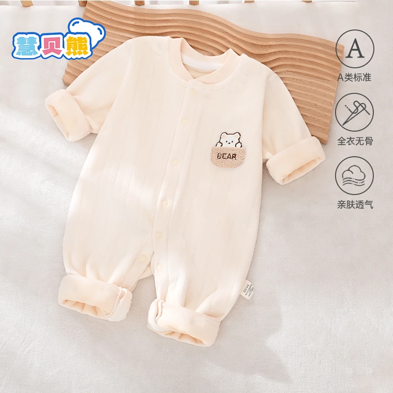 秋冬款婴儿加绒连体衣双面加绒保暖加厚新生儿卡通加绒爬服宝宝
