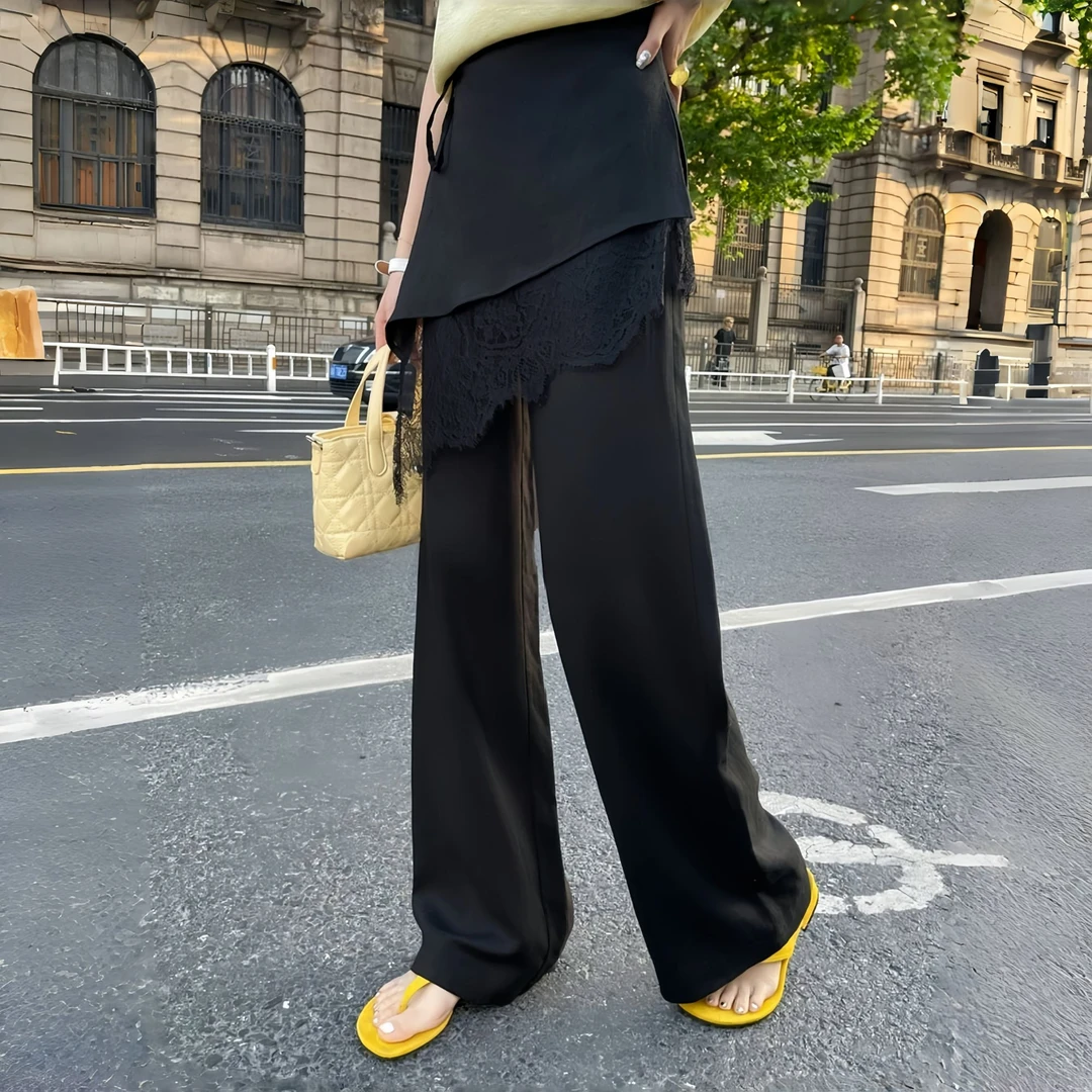 高腰蕾丝拼接休闲裤子女2025夏季大码胖MM设计感慵懒轻薄阔腿长裤